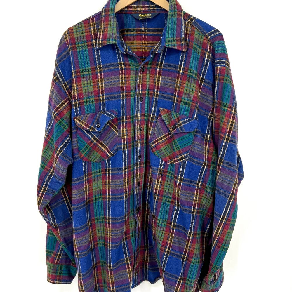 Vintage Oshkosh Flannel Plaid Double Pocket Button Up Heavy Duty Shirt XL
